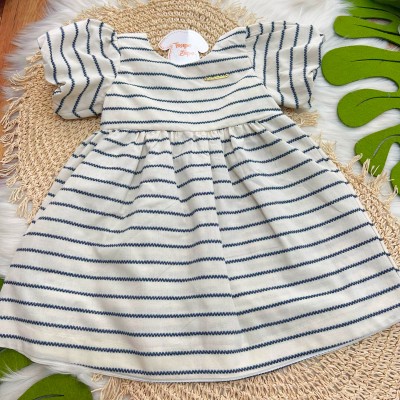 Vestido em Linho Natural e Marinho